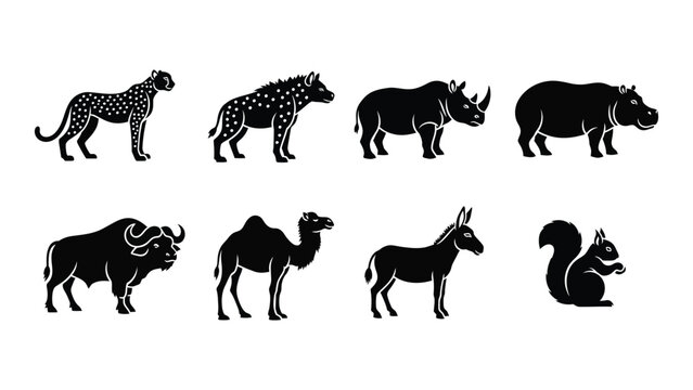 A collection of african wildlife animals including cheetahs rhinos and bison presented in a stark silhouette high quality professional detailed modern