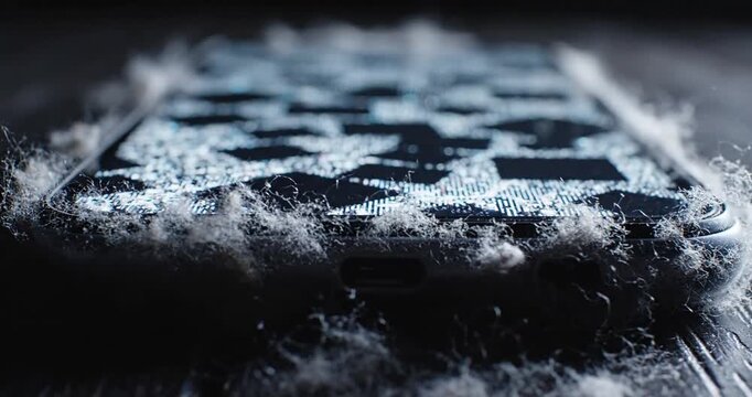 Damaged smartphone with lint accumulation.