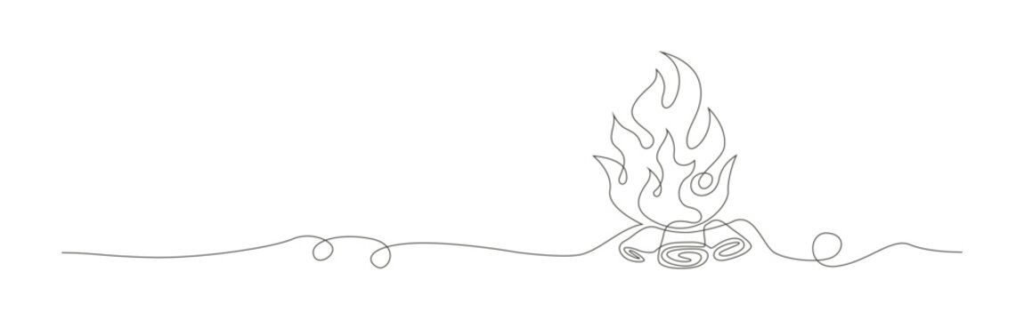 Fire crumpled single line art depicts a bonfire with blazing flames and smoldering wood