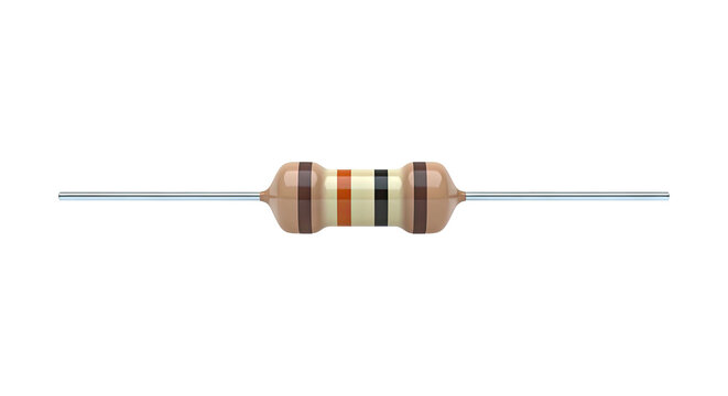 Resistor with brown, orange, black, and brown bands on a white background