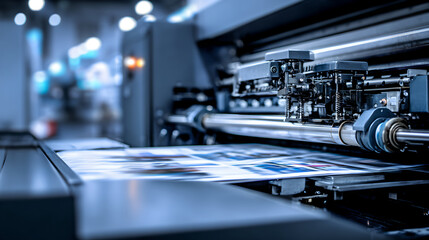 Fototapeta premium Industrial offset printing press machine rollers processing high speed color paper sheets 