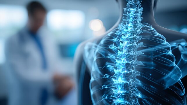 Patient upper back and spine highlighted in medical setting, indicating pain, diagnosis, pain management and rehabilitation treatment.