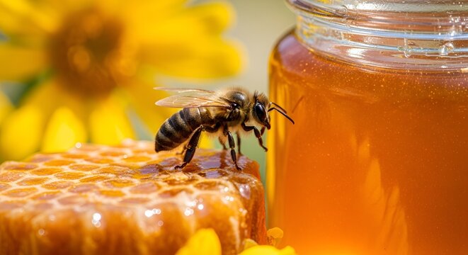 Honey bee on honeycomb with flowers, bee collecting honey, beekeeping and pollination, close up insect and nectar, nature and agriculture concept, golden honeycomb scene, sunflower