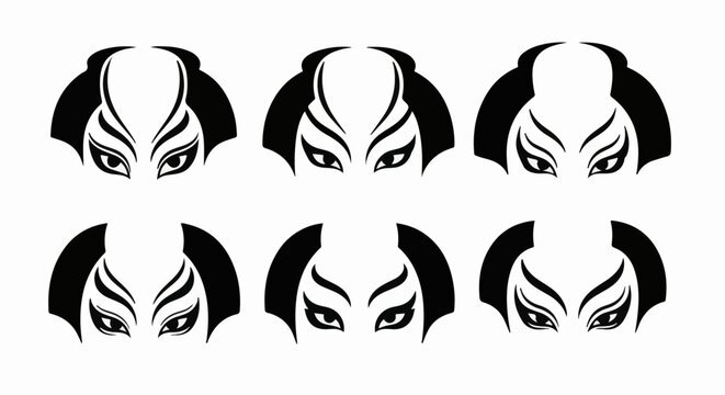 Stylized black and white graphic designs featuring expressive eyes in theatrical makeup