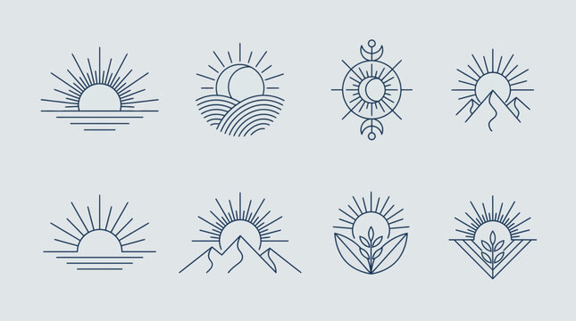 Set of minimalist sun and moon line art icons featuring mountains sea waves and leaves in geometric boho style, concept for brand logo design, wellness aesthetic and celestial marketing
