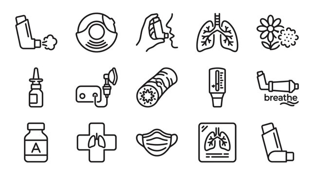 Collection of asthma medical line icons featuring inhalers, human lungs, nebulizer and allergy triggers, concept for healthcare application, respiratory disease education and medical marketing