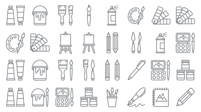 Modern collection of art supplies line icons including paint tubes, brushes, palettes and easels on white background, concept for creative workshop, art education and graphic design studio