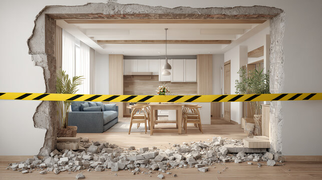 Yellow safety tape blocking wooden barrier inside unfinished room with construction debris
