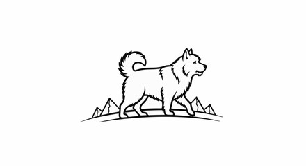 Fototapeta premium Stylized line art of a furry dog walking in front of stylized mountains