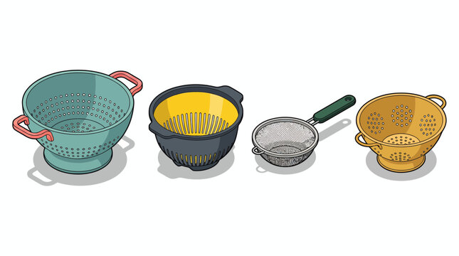 Collection of colorful kitchen colanders and metal mesh sieves in isometric style on white background, concept for culinary equipment catalog, home cooking items and restaurant kitchenware set