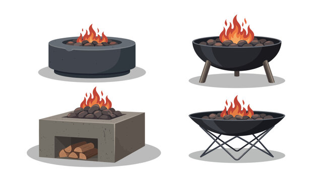 Collection of modern outdoor fire pit designs with burning charcoal and glowing flames on white background, concept for backyard landscaping, patio decoration and camping equipment catalog