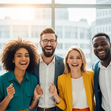 Diverse Group Smiling in Sunny Office with Cityscape Views