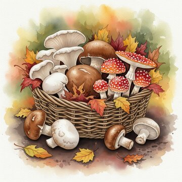 Watercolor Basket with Variety Mushrooms and Autumnal Leaves