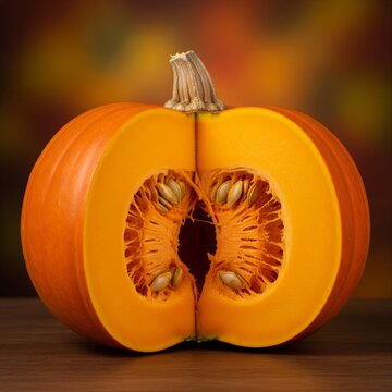 Vibrant Orange Pumpkin Cut Open Revealing Seeds on Wood Table