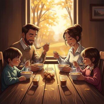 Happy Family Enjoying Hot Soup Together at Rustic Wooden Table