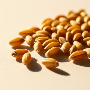 Pile of Golden Wheat Grain on Cream Surface in Natural Light