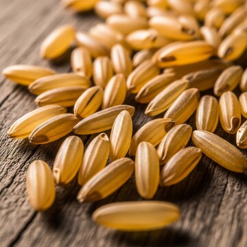Heap of Amber Brown Rice Grains on Rustic Wooden Surface