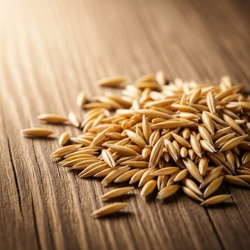 Pile of Golden Oat Grains on Rustic Wooden Table Surface