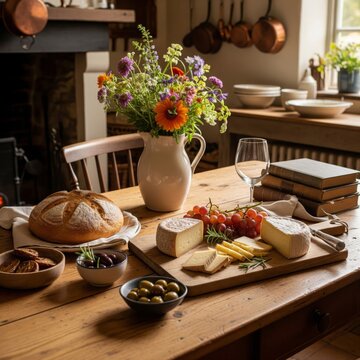 Rustic Table Setting with Cheese Bread and Flowers Indoors