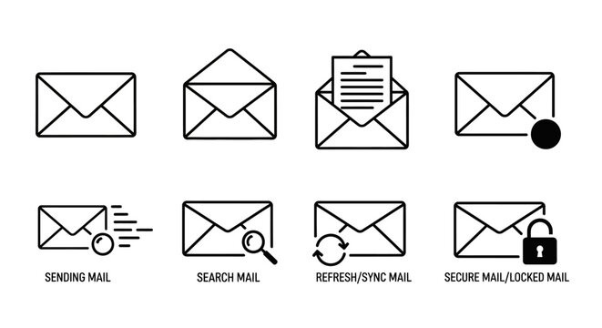 Set of email icons depicting sending, searching, refreshing, and locked mail, representing communication and digital correspondence