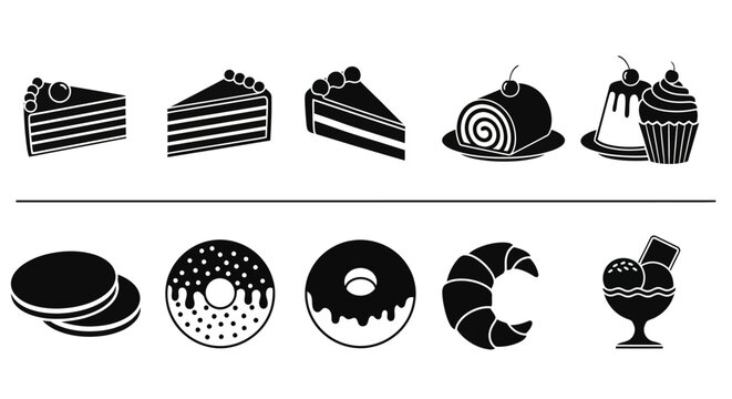 Diverse confectionery icons featuring cakes, donuts, pastries, and frozen treats, crafted in a simple silhouette style for delightful menu designs and sweet shop branding