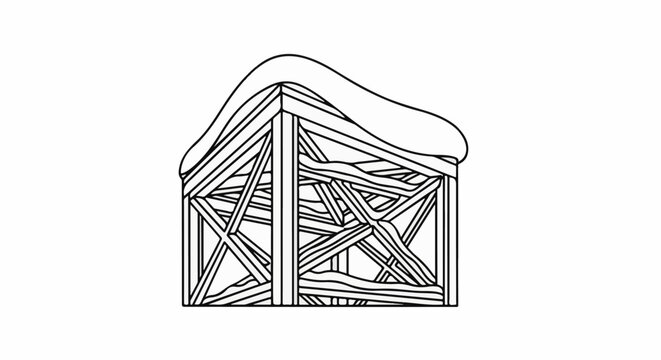 Stylized outline of a wooden structure with snow-covered roofline