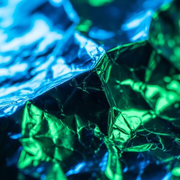 Close up of Shiny Wrinkled Foil with Green and Blue Lights