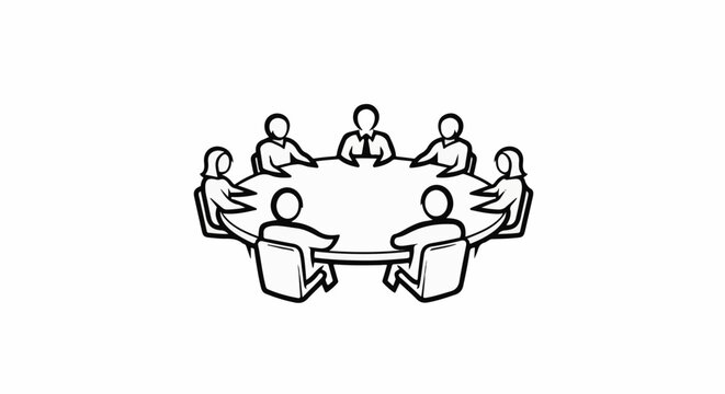 Stylized figures gathered around a round table