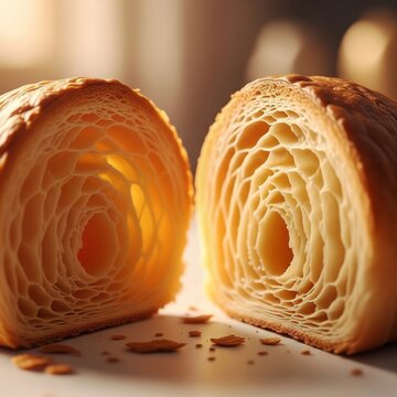 Halved Croissant Texture with Golden Layers on White Table