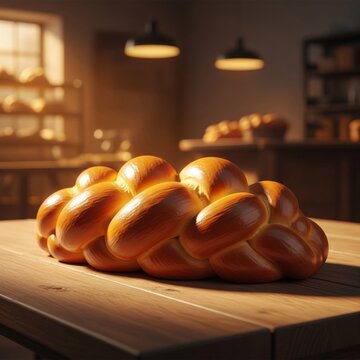 Golden Braided Challah Bread on Wooden Table in Kitchen