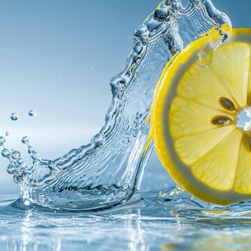 Vibrant Yellow Lemon Slice with Water Splash on Blue Surface
