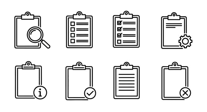 Checklist and task management icons including search, information, confirmation, and exclusion symbols