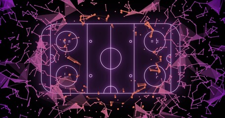 Obraz premium Displaying neon topdown ice hockey rink diagram floating in digital space, with orange particles