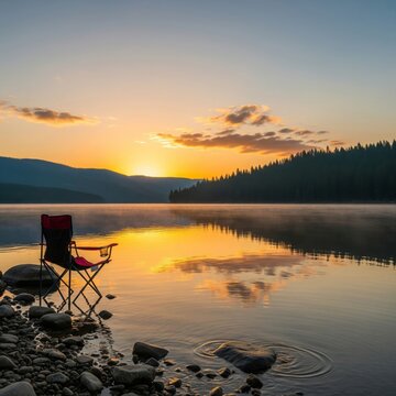 Scenic Lake View with Red Chair at Sunset Reflection Scenery
