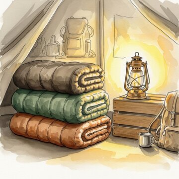 Illustration Inside Camping Tent with Rolled Blankets and Lantern