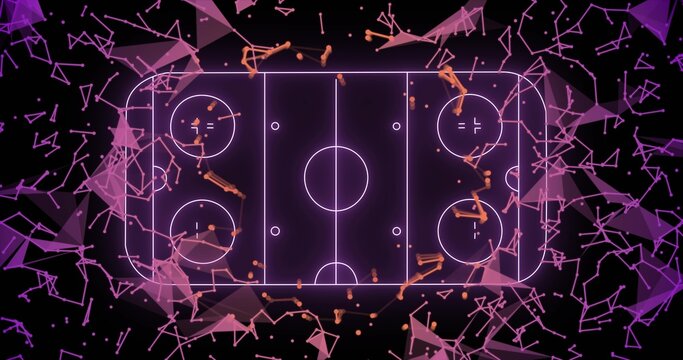 Displaying neon topdown ice hockey rink diagram floating in digital space, with orange particles