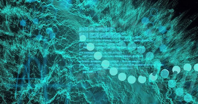 Displaying turquoise point-cloud wave moving in digital network, with wireframe mesh and code