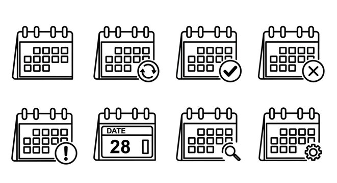 A comprehensive collection of outline calendar icons, perfect for representing diverse scheduling, event management, date tracking, and task planning functionalities 