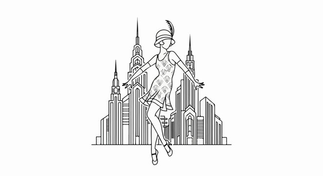 Stylized flapper dancer poses in front of art deco skyscrapers