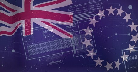 Naklejka premium Displaying graphic blending Union Jack and EU star ring in dashboard, HUD panels, numeric data