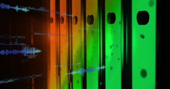 Displaying translucent panels with circular cutouts and seams in exhibit, blue waveform overlays