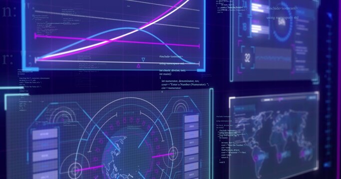 Displaying layered HUD panels filling control screen, showing two-line chart, radar globe, heatmap