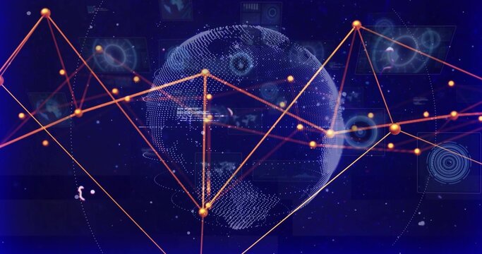 Rotating stylized blue dotted globe pulsing in virtual interface, with orange nodes and HUD