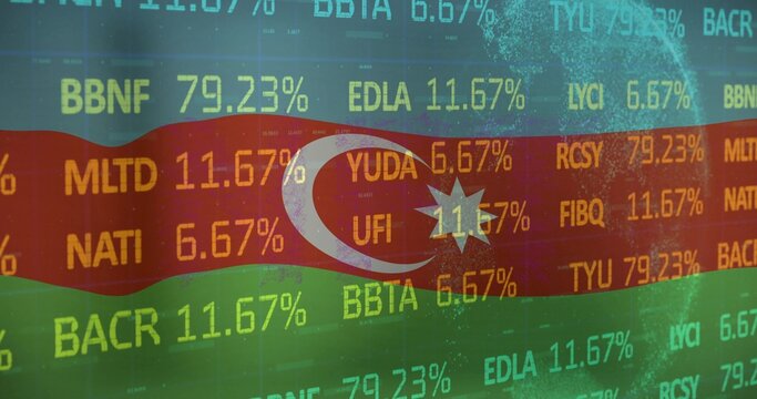 Displaying Azerbaijani flag emblem overlaying translucent market tickers and percentages on screen