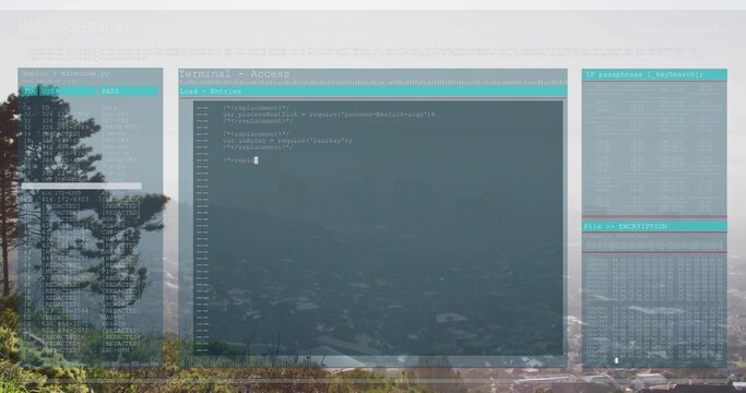 Floating translucent terminal GUI showing three-panel code and prompt on hillside, rooftops