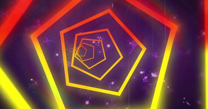 Spiraling neon pentagon frames receding into purple tunnel, showing nebula clouds, scanlines