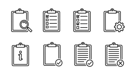 Versatile collection of minimalist outline icons featuring clipboard elements for effective task management, information display, and status tracking in digital user interfaces © HUANG
