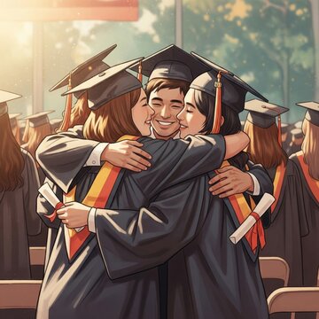 Graduation Celebration With Graduates in Black Gowns and Caps