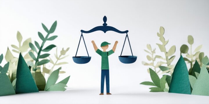 Papercraft illustration depicts person balancing scales amidst foliage. Simple design evokes justice, equality concepts. Minimalist aesthetic.