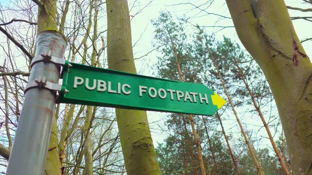 Green public footpath sign pointing direction through forest trees in countryside setting. Outdoor navigation marker guiding hikers walkers along woodland trail route under tall trunks and open sky